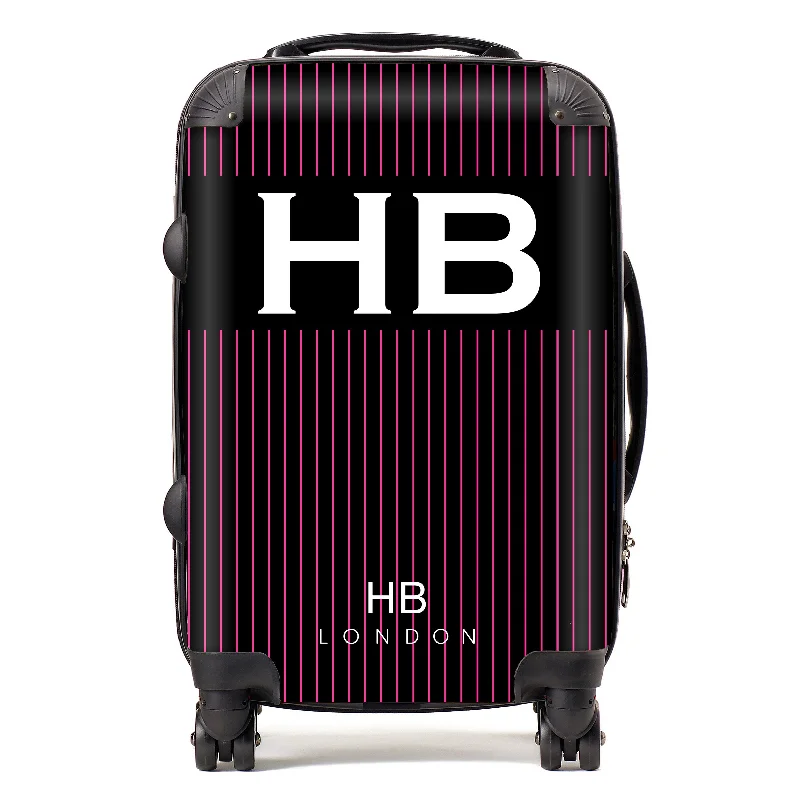 Personalised Black and Hot Pink Pinstripe with White Font Initial Suitcase